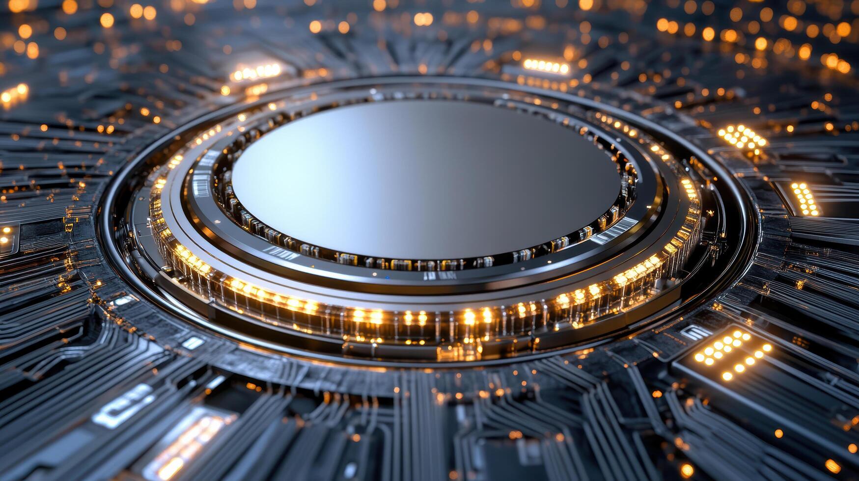A circular electronic circuit board with glowing lights photo