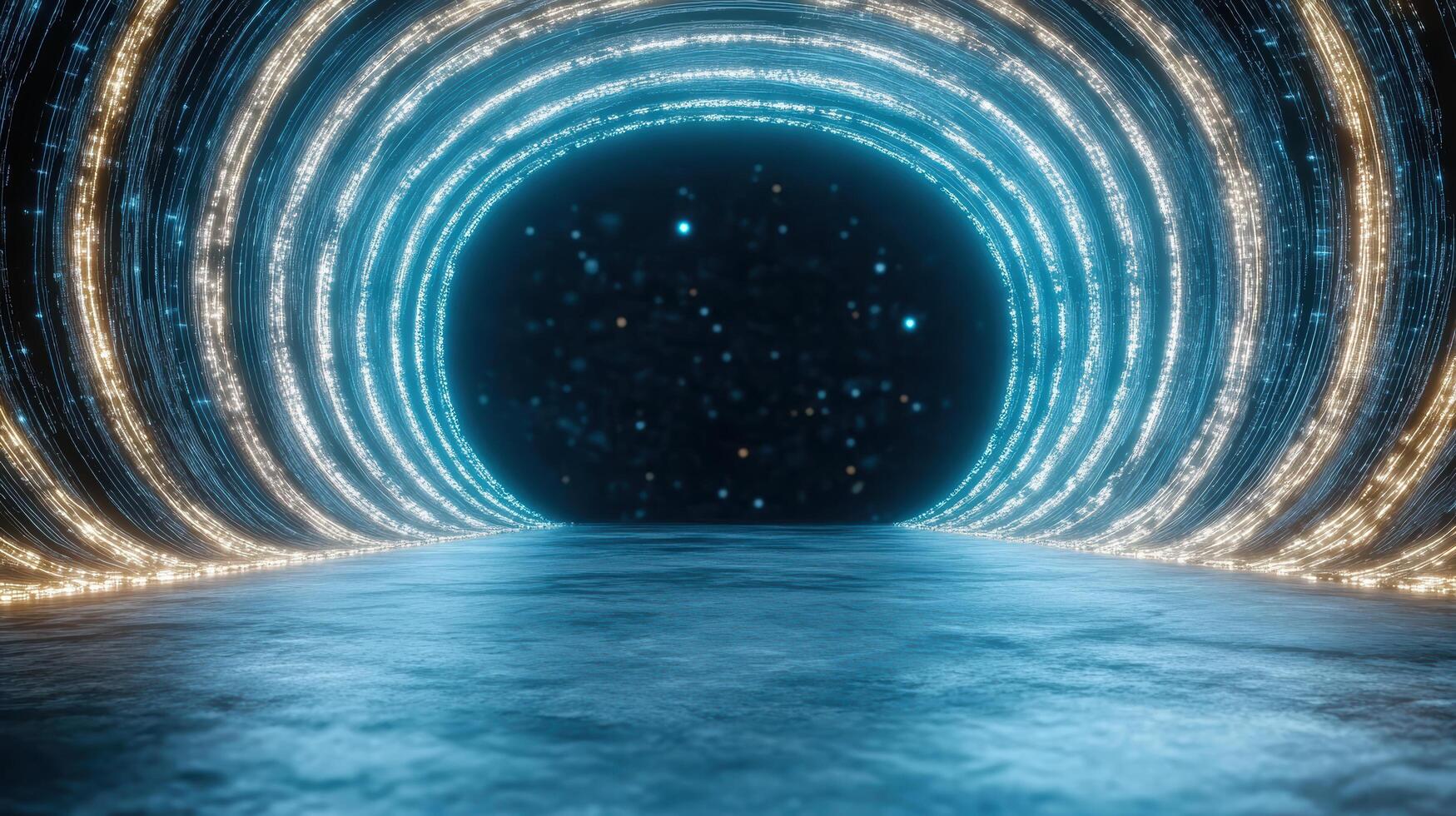 A tunnel with lights and a light at the end photo