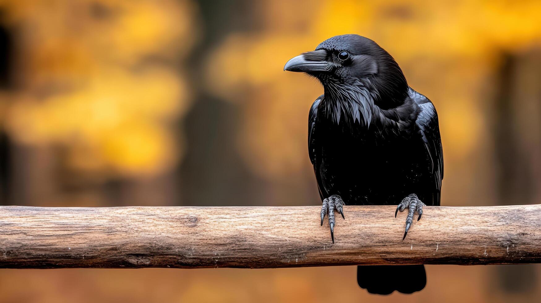 A black bird sitting on a branch in front of a forest photo