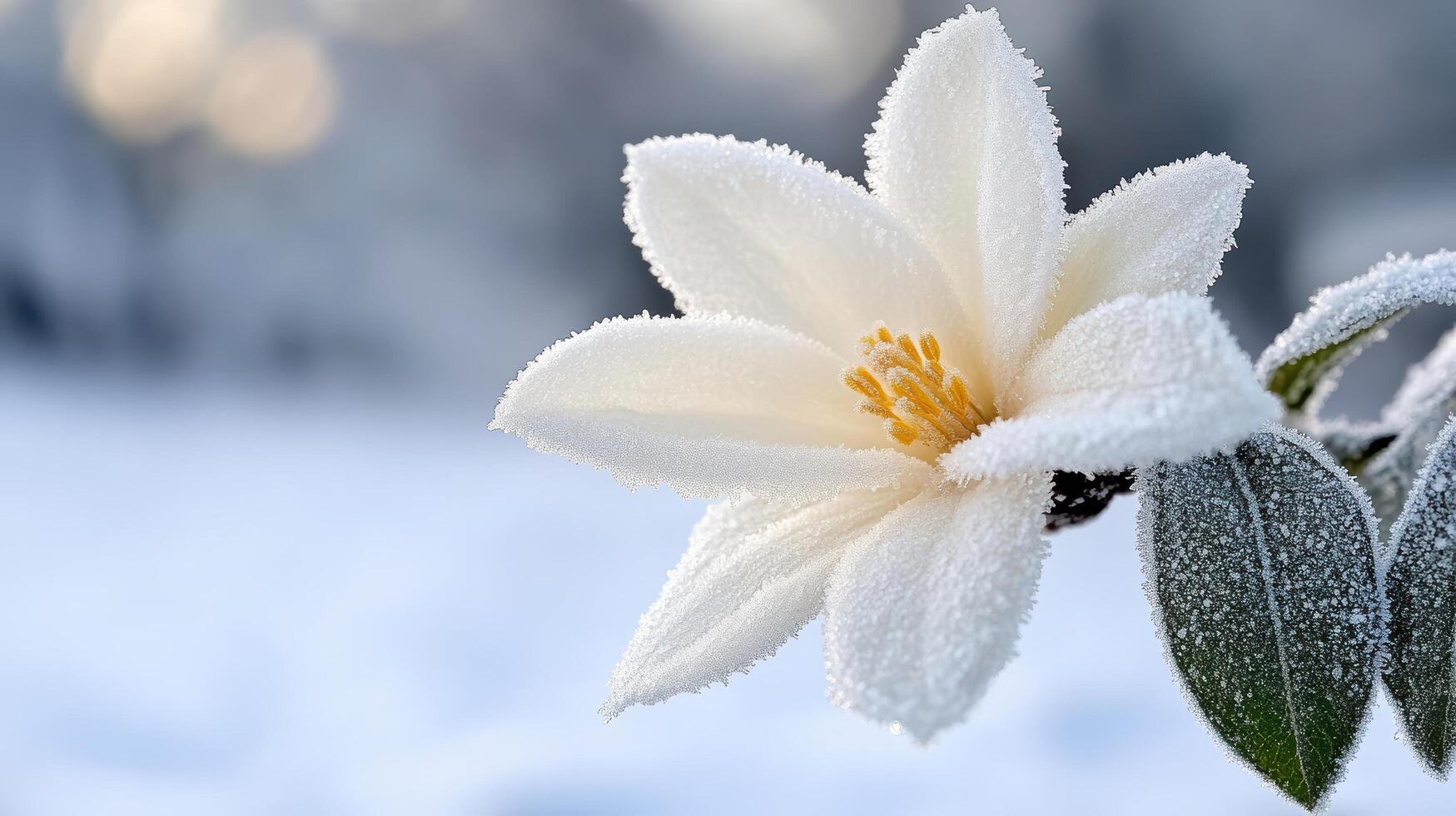 A white flower is covered in snow photo