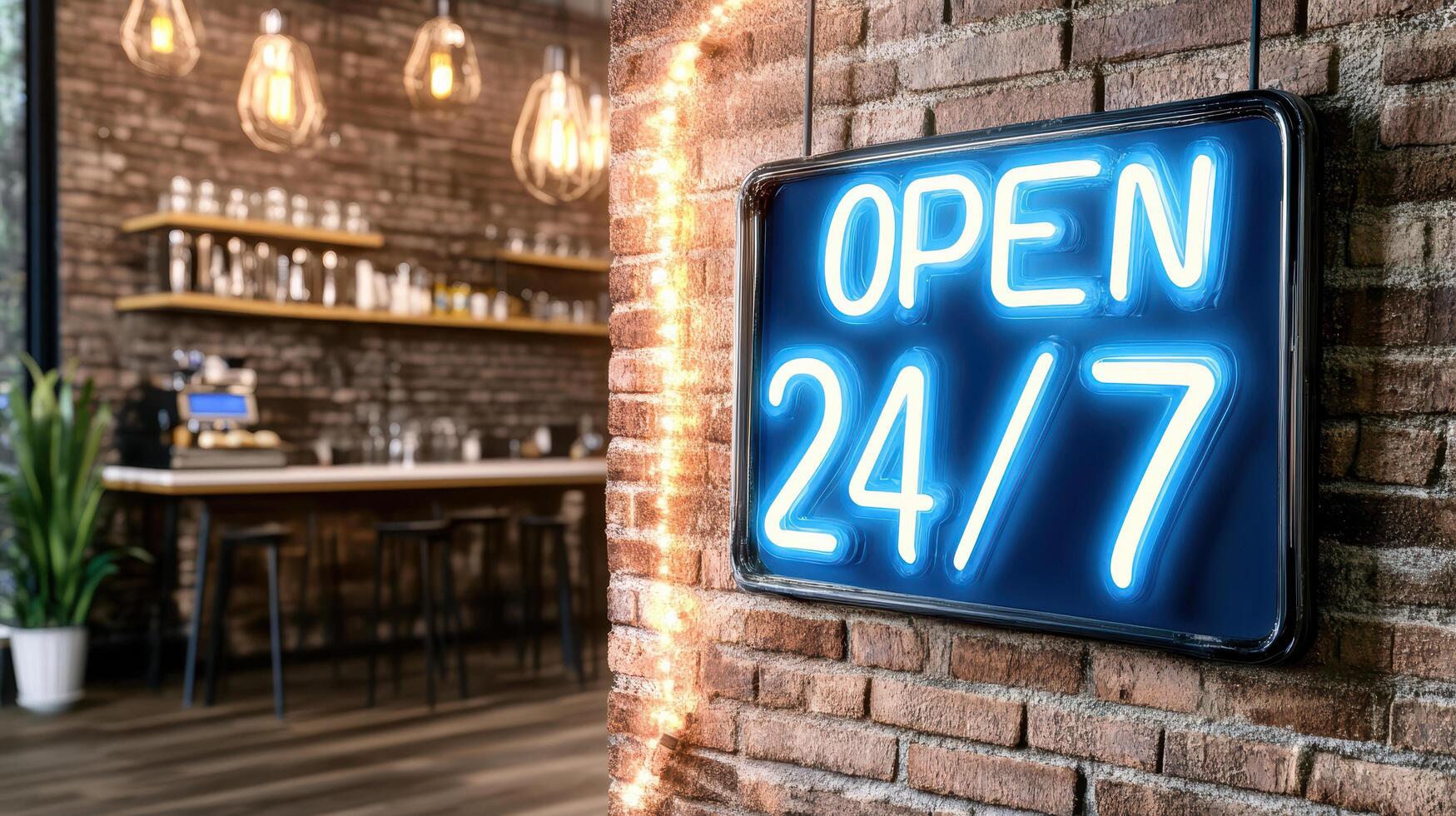 A neon sign that says open 24 7 is hanging on a brick wall photo