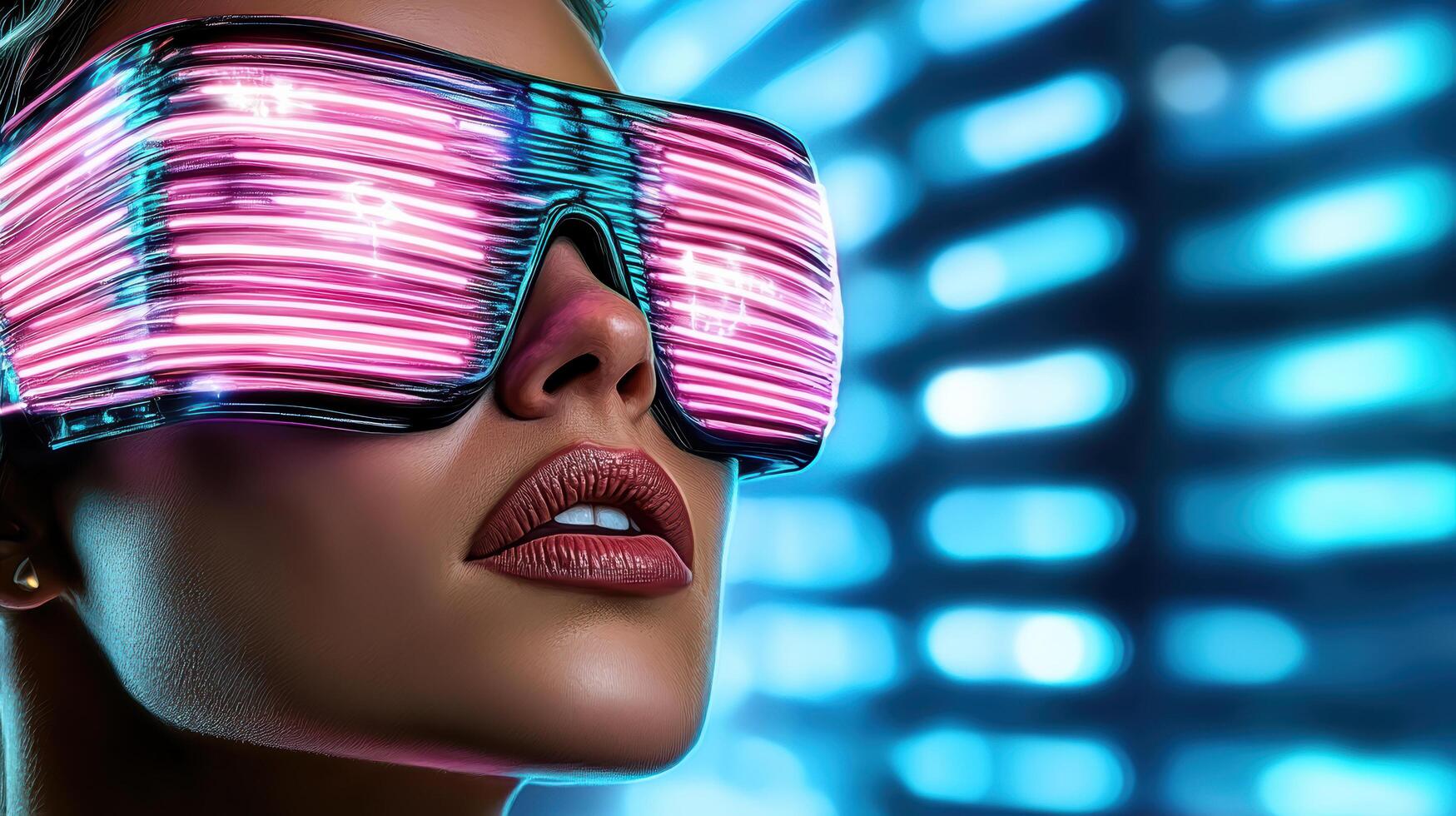 A woman wearing neon glasses in front of a neon background photo