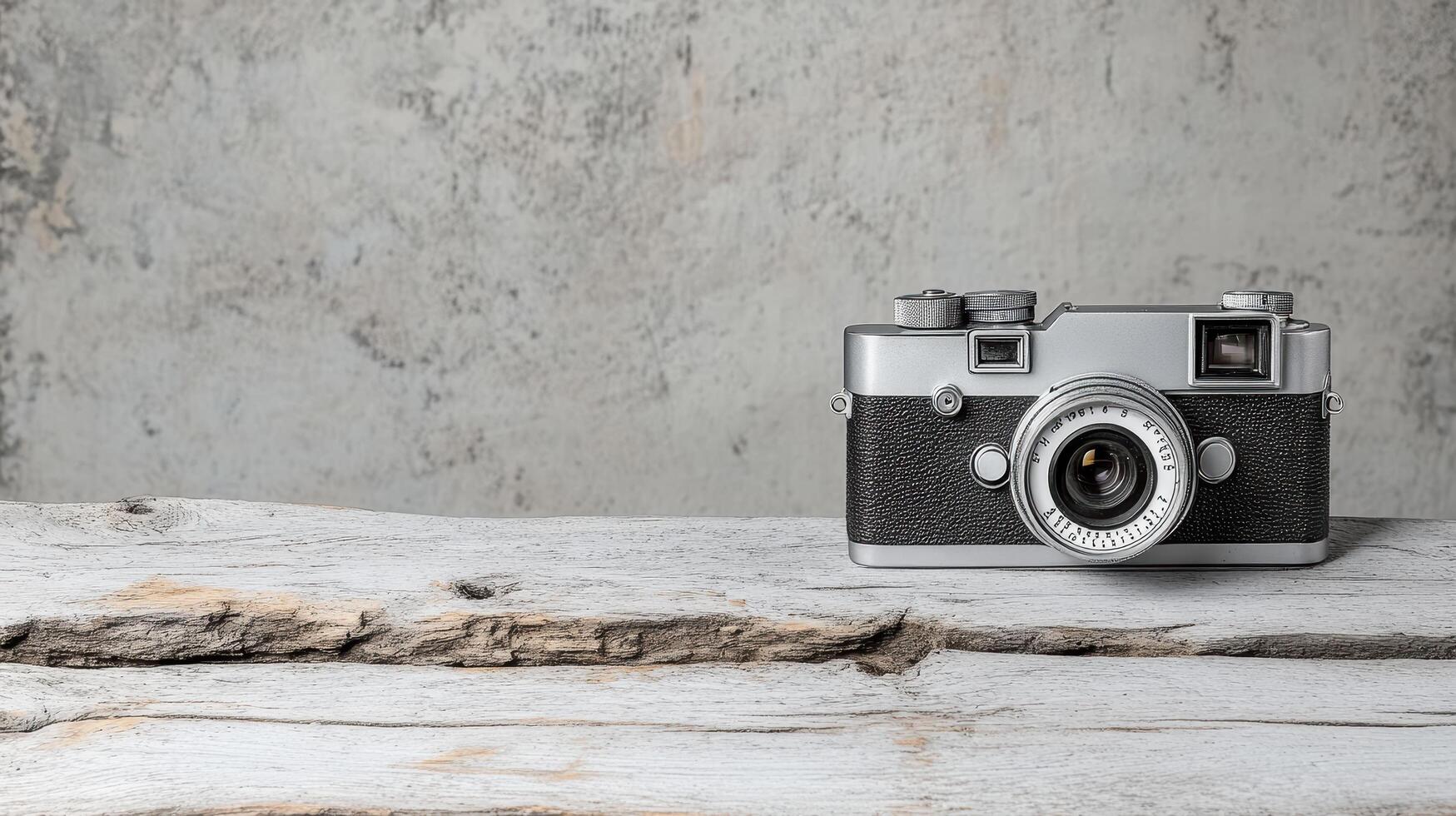 An old camera sitting on a wooden table photo