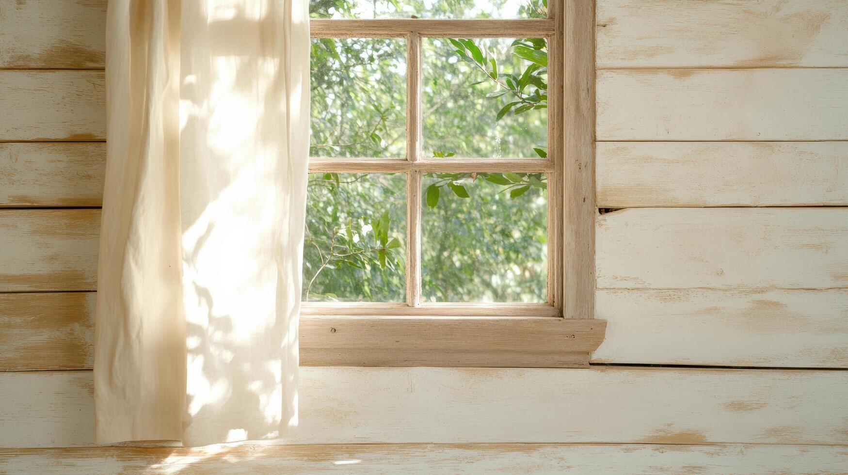 A window with a curtain hanging from it photo