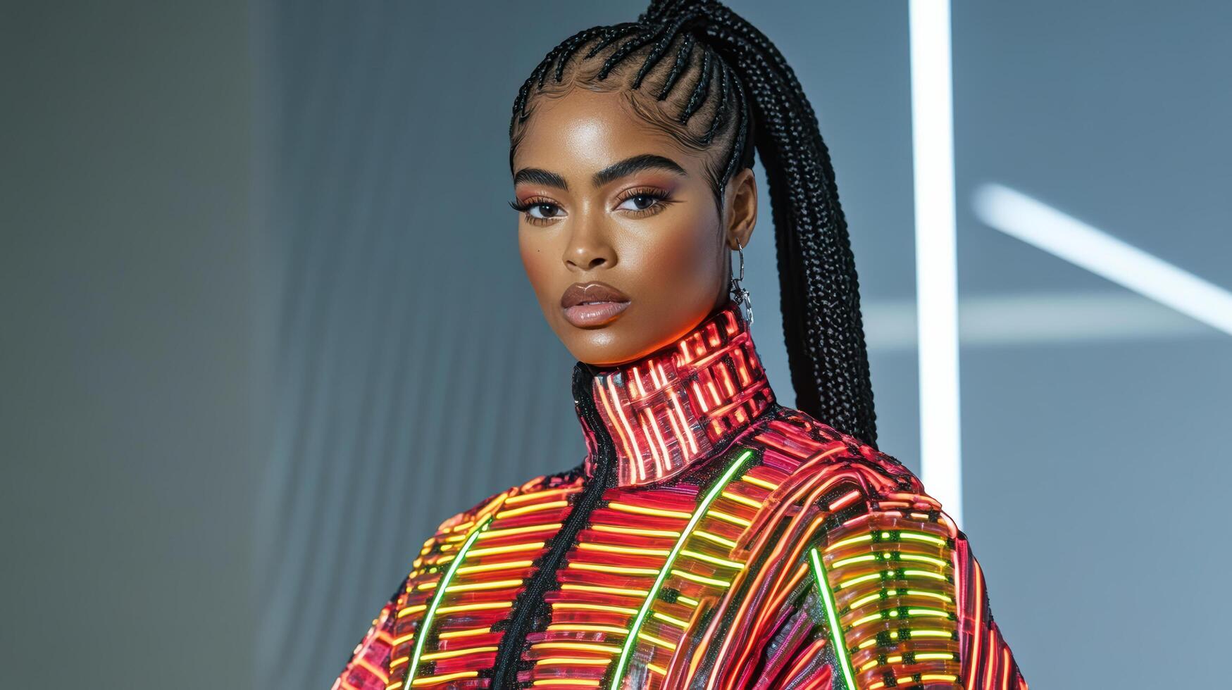 A model wearing a colorful outfit with braids photo