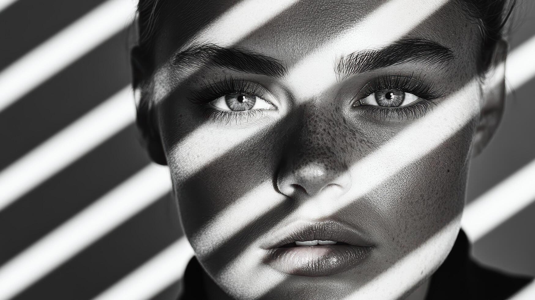 A woman with freckles and a black and white photo