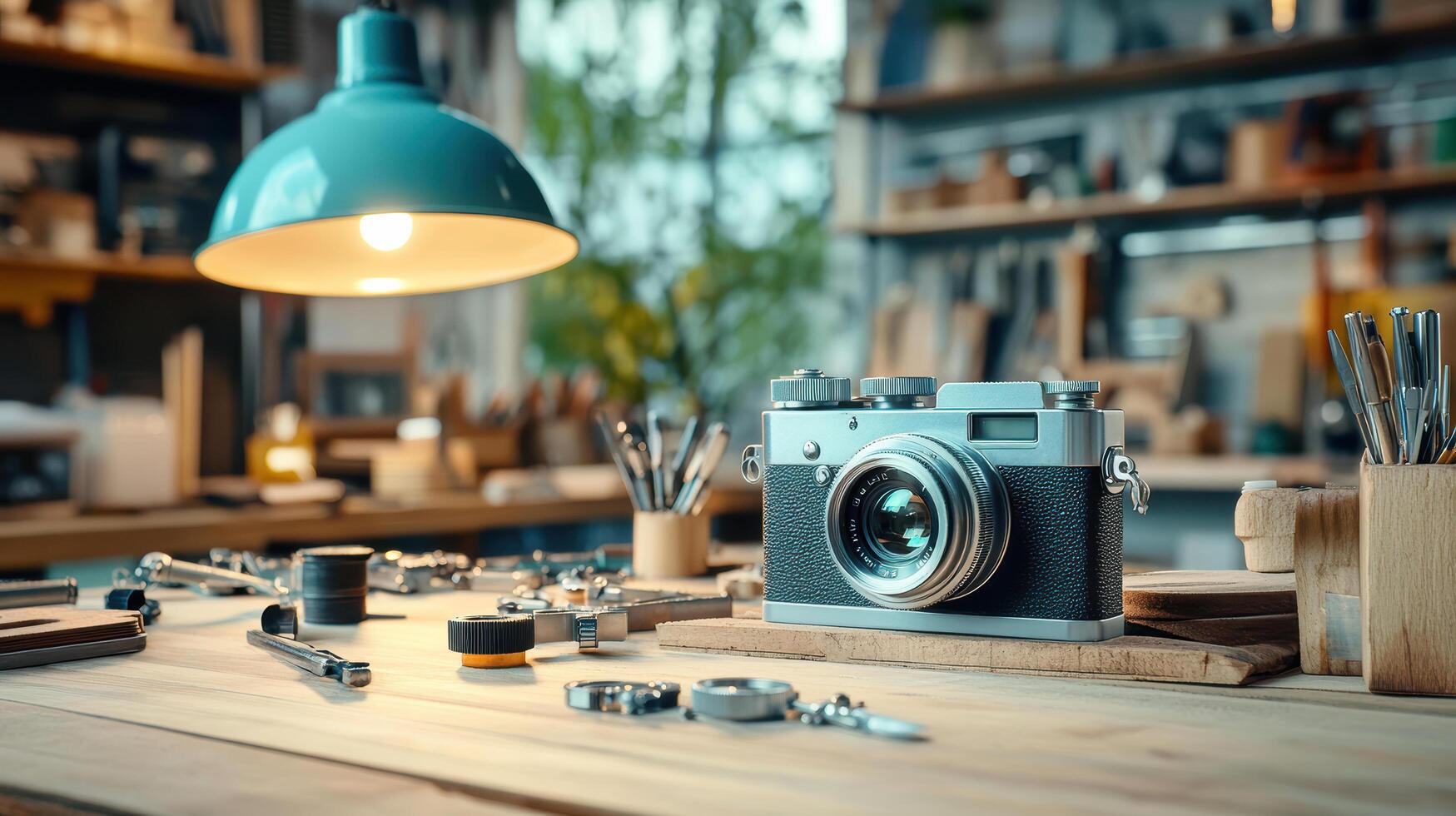 vintage film camera being restored in workshop filled with tools photo