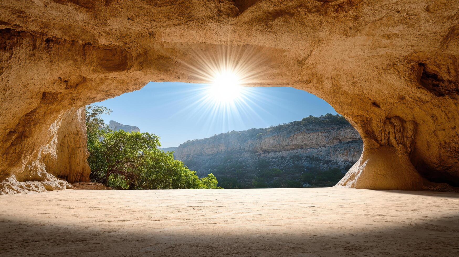 stunning cave view with sunlight streaming through, creating serene atmosphere photo