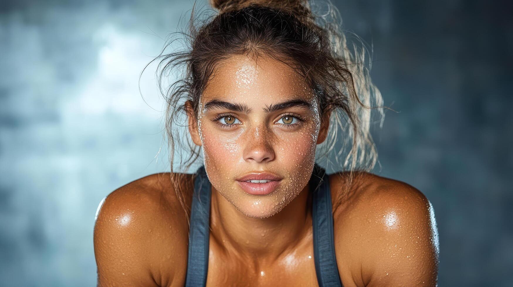 A woman with wet hair and a sports bra photo