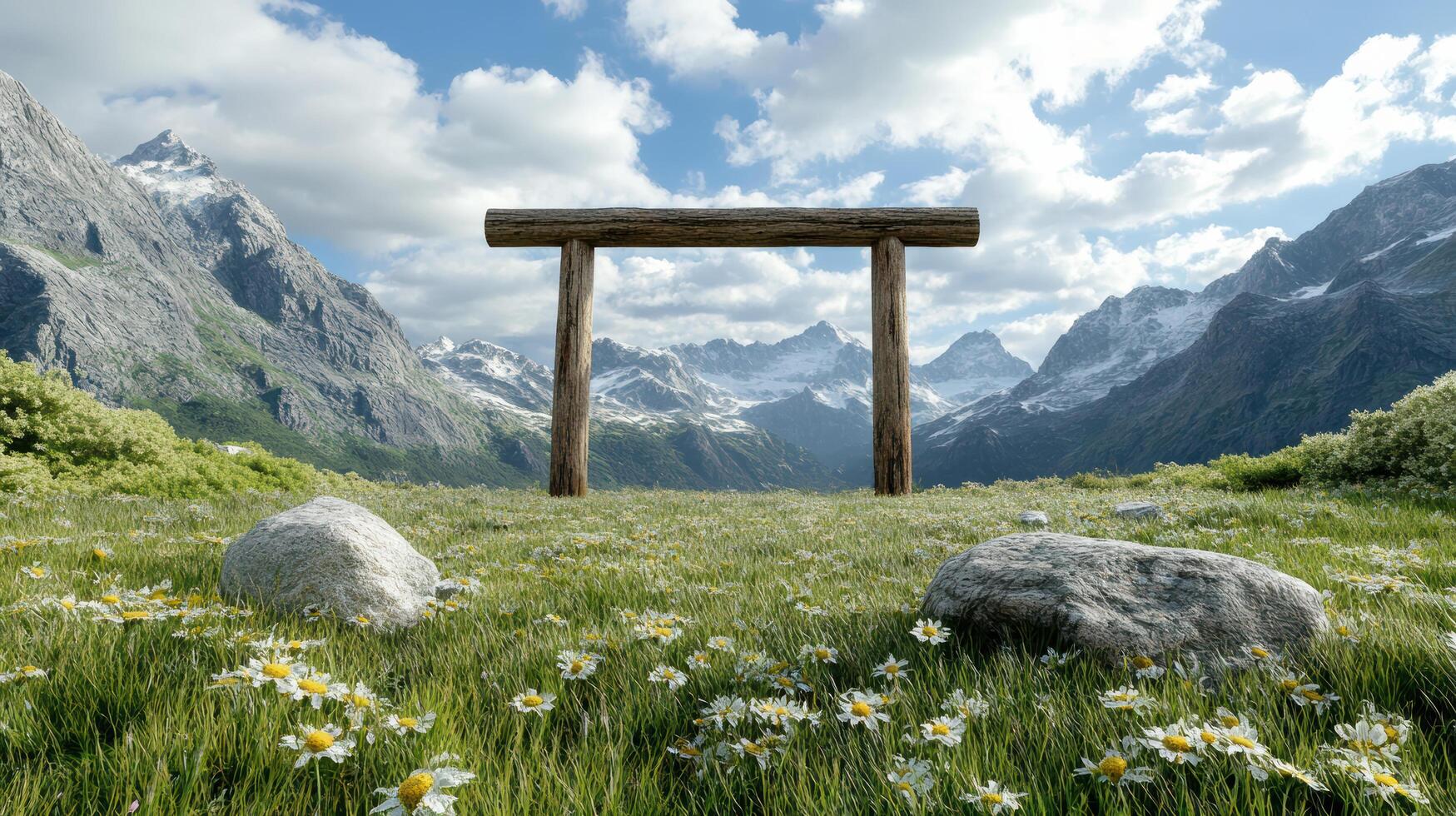 serene mountain shrine with wooden torii gate surrounded by flowers photo