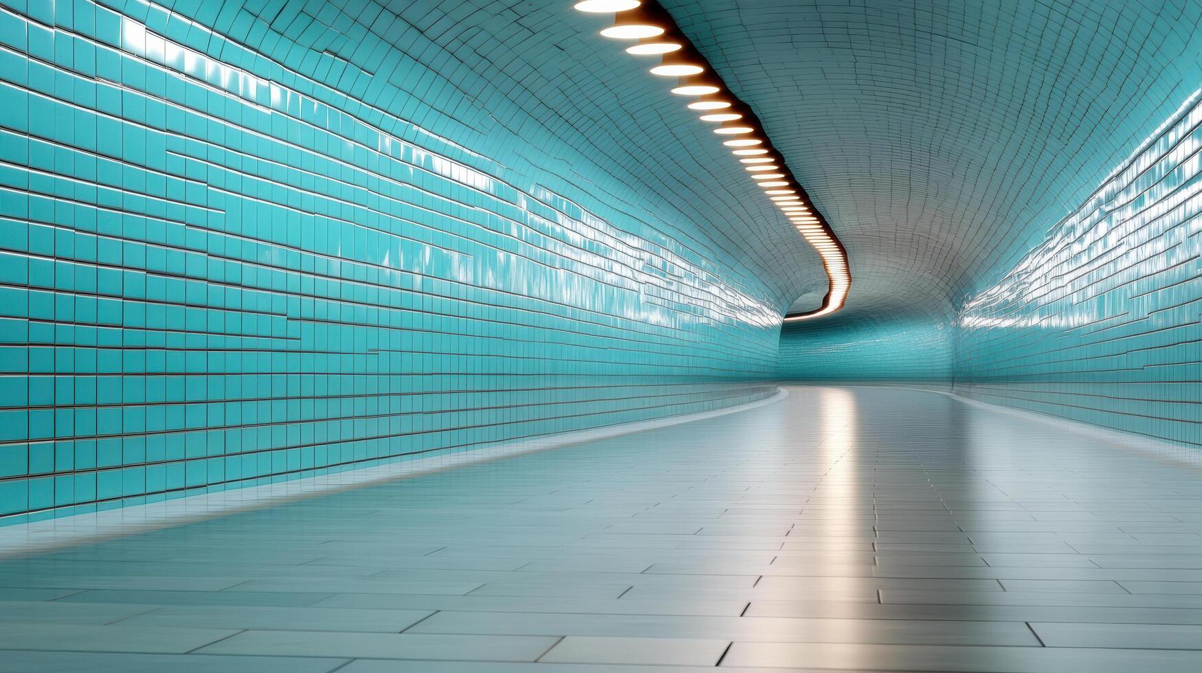 modern underground tunnel with turquoise tiles and bright lights photo