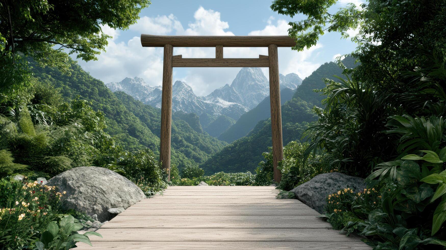 serene mountain shrine with wooden torii gate surrounded by lush greenery photo
