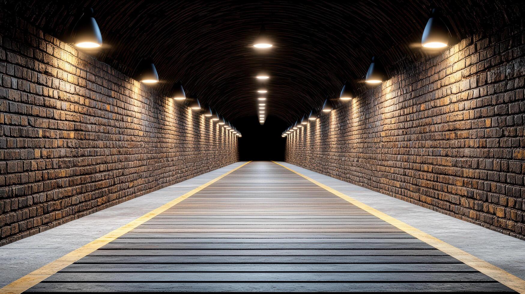 dark underground tunnel with illuminated brick walls and wooden floor photo