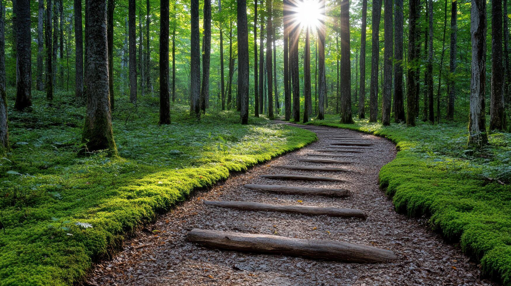 A path through a forest with mossy trees photo