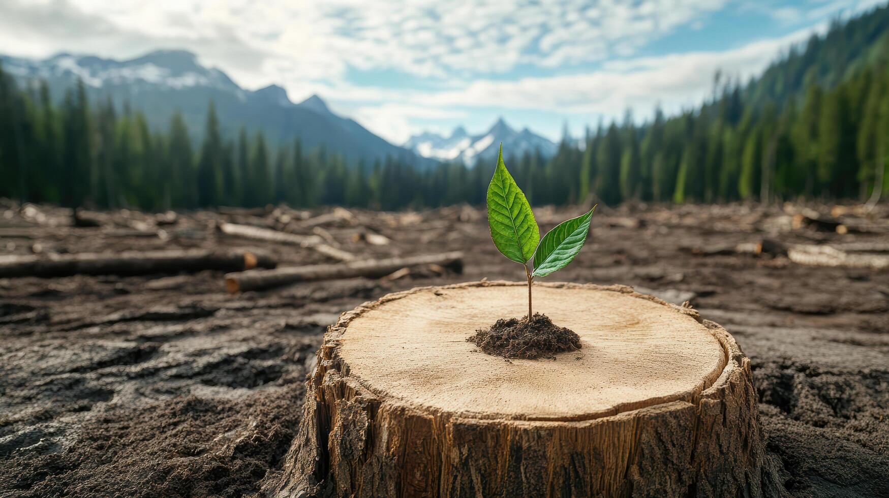 A tree stump with a young plant growing out of it photo