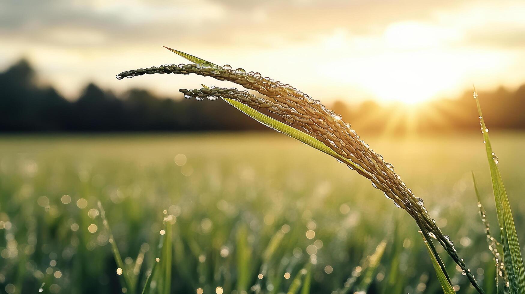 A close up of a rice plant in a field photo