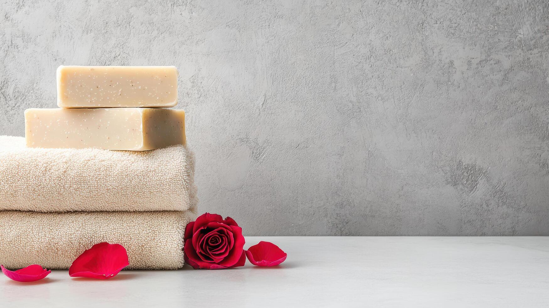 Three towels with soap and rose on a table photo