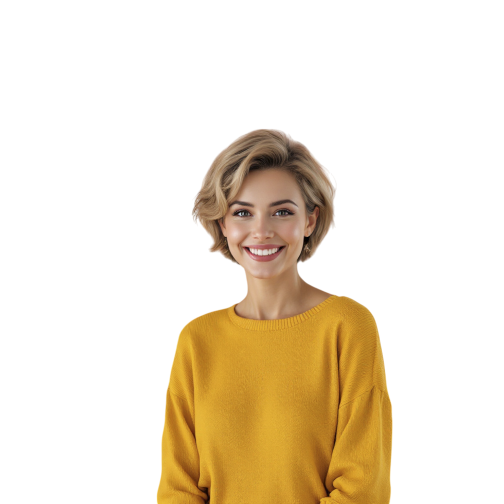 A woman in a yellow sweater smiling png