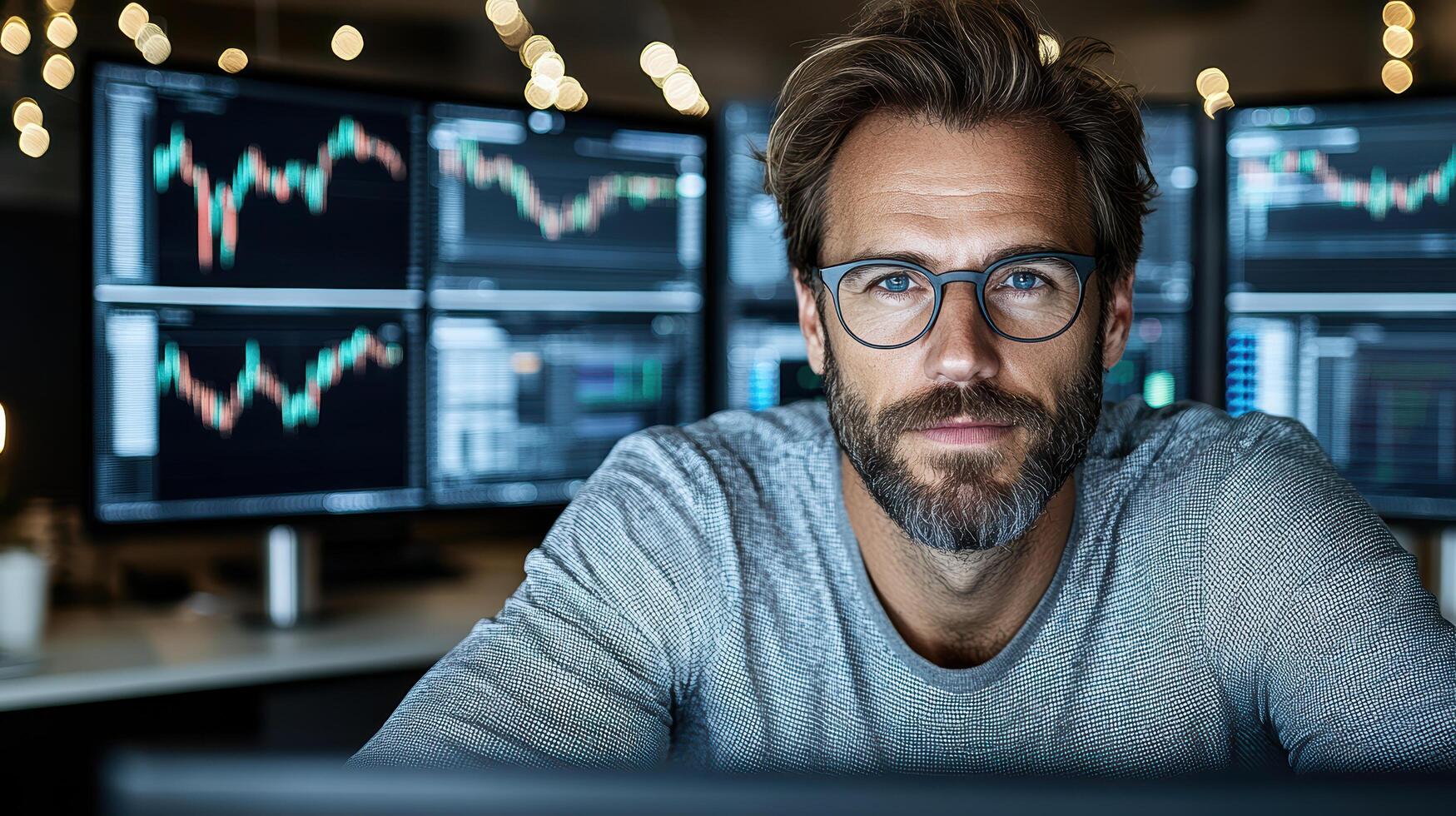 A man with glasses and a beard sitting in front of multiple computer screens photo