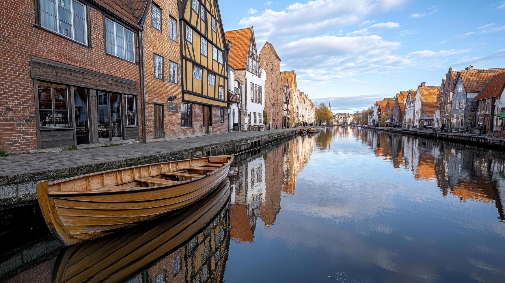 A boat is docked in a canal next to buildings photo