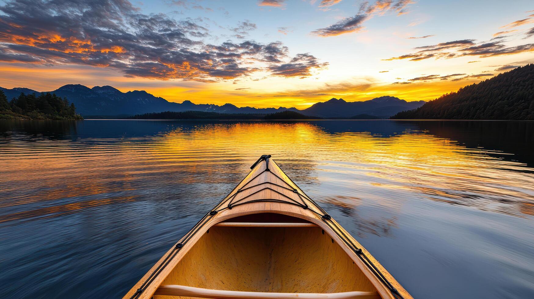 serene sunset scene with kayak on calm waters reflecting vibrant colors photo