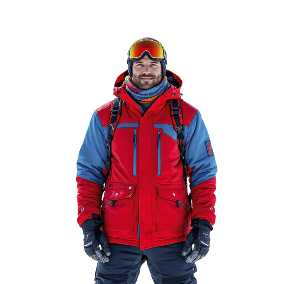 A man in a red and blue ski jacket png