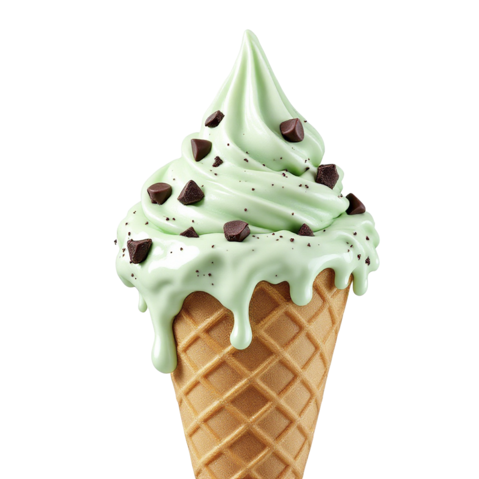 Ice cream with chocolate chips in waffle cone png