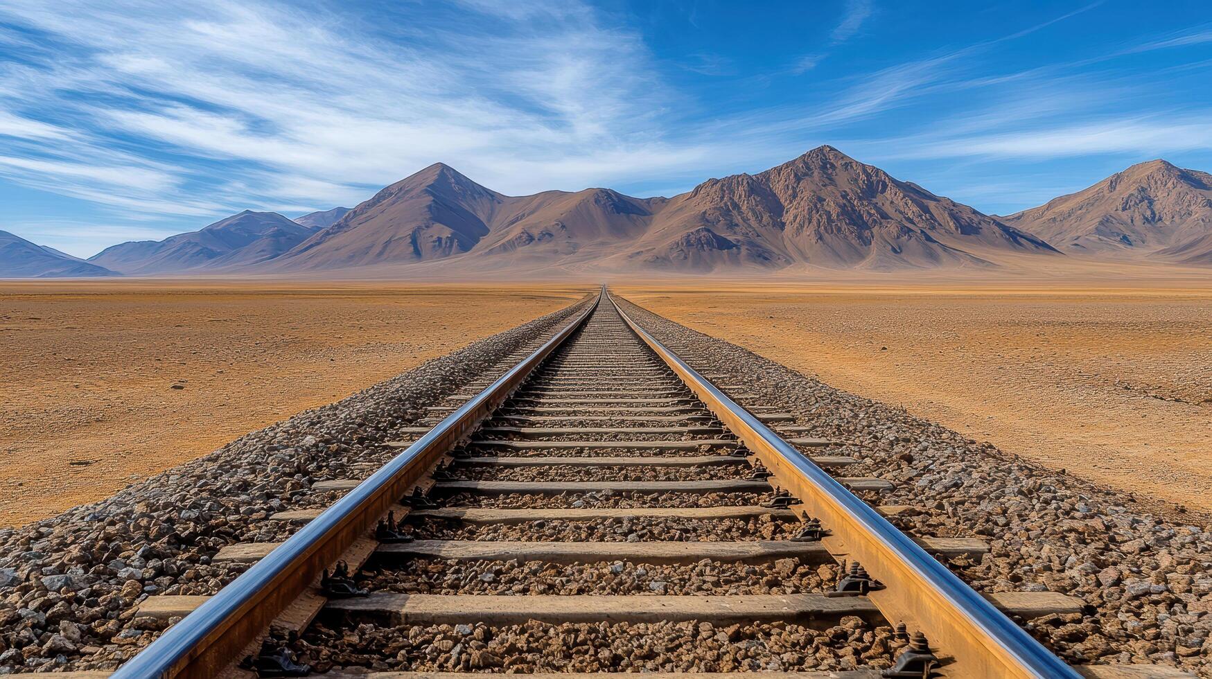 A railroad track in the desert with mountains in the background photo