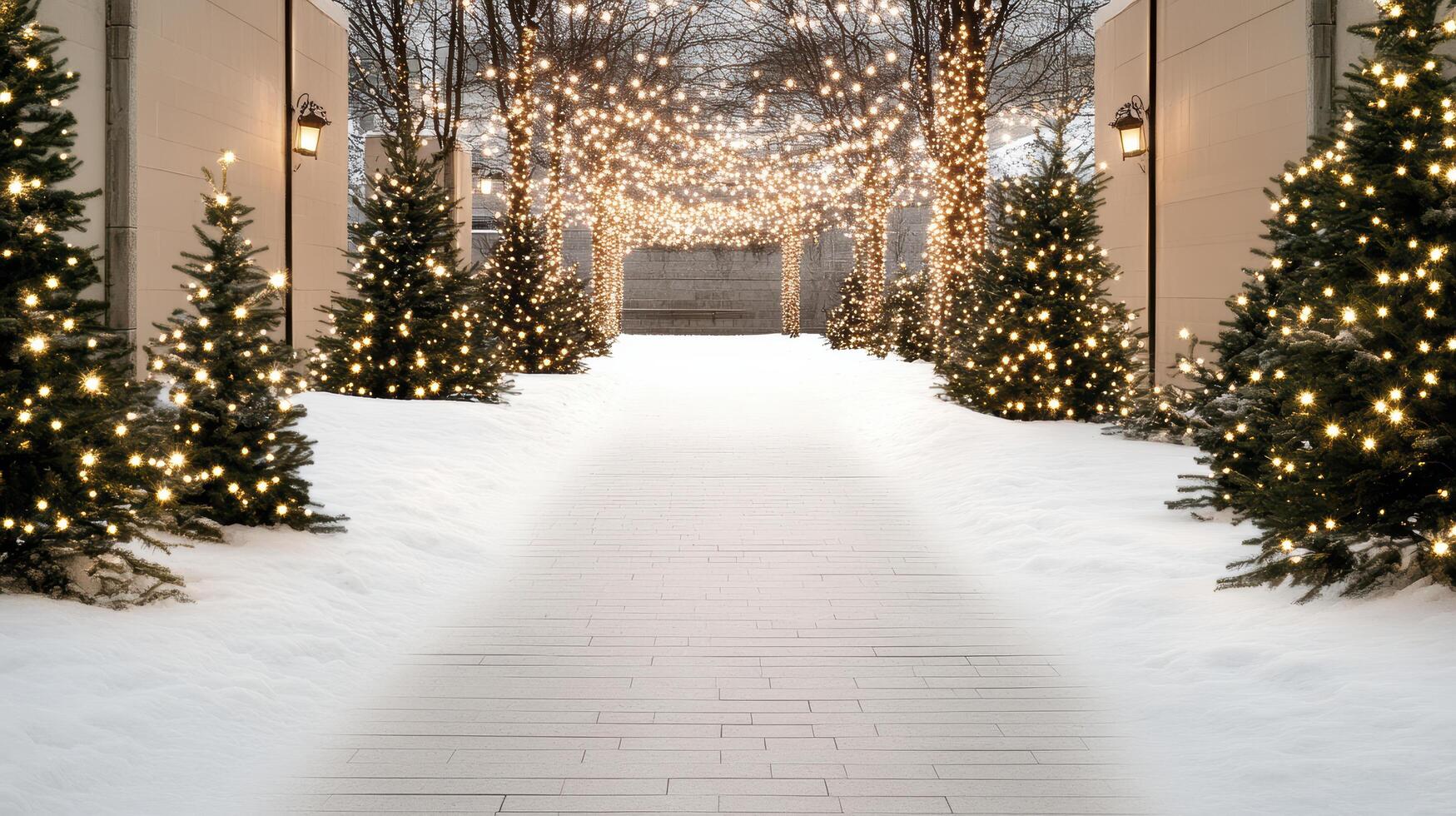 A walkway lined with trees and lights photo
