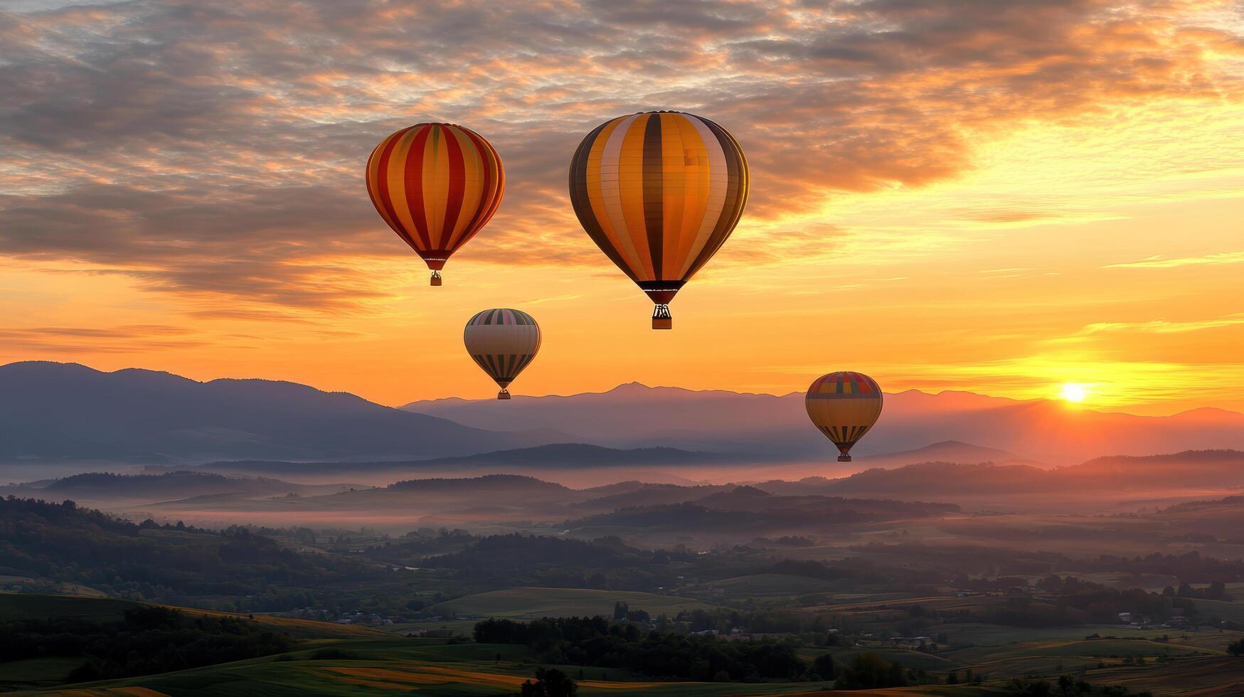 Hot air balloons flying over the mountains at sunset photo