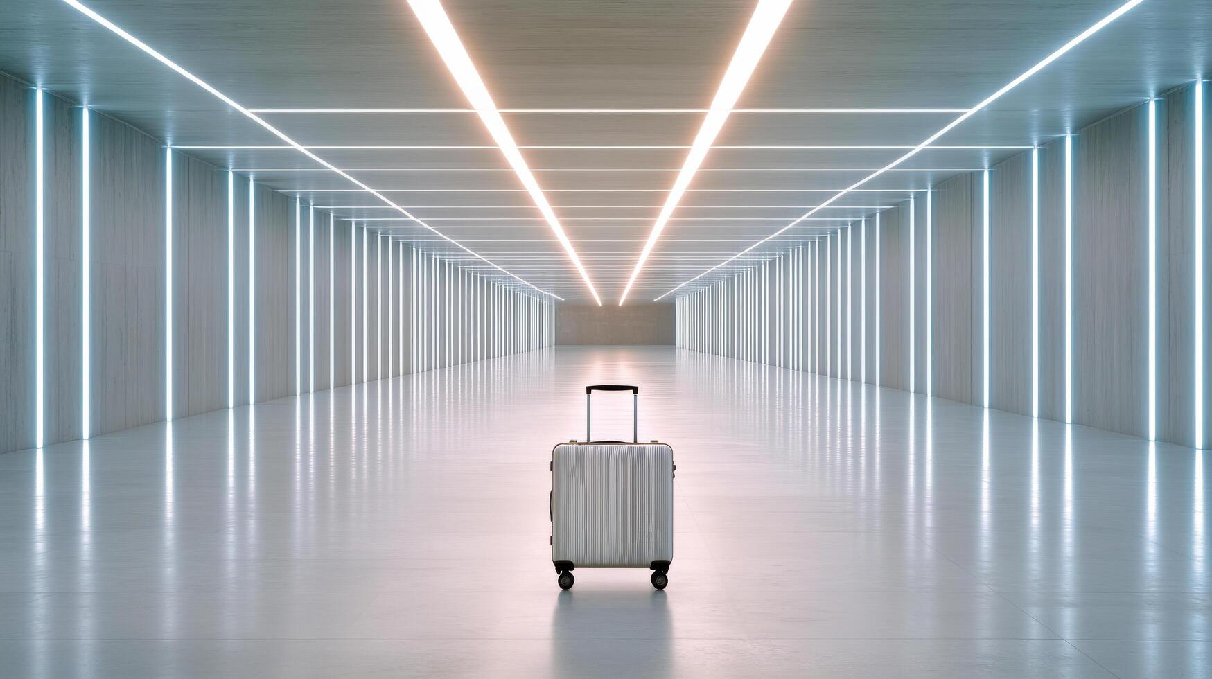 cinematic shot of lone suitcase abandoned in modern, illuminated space photo