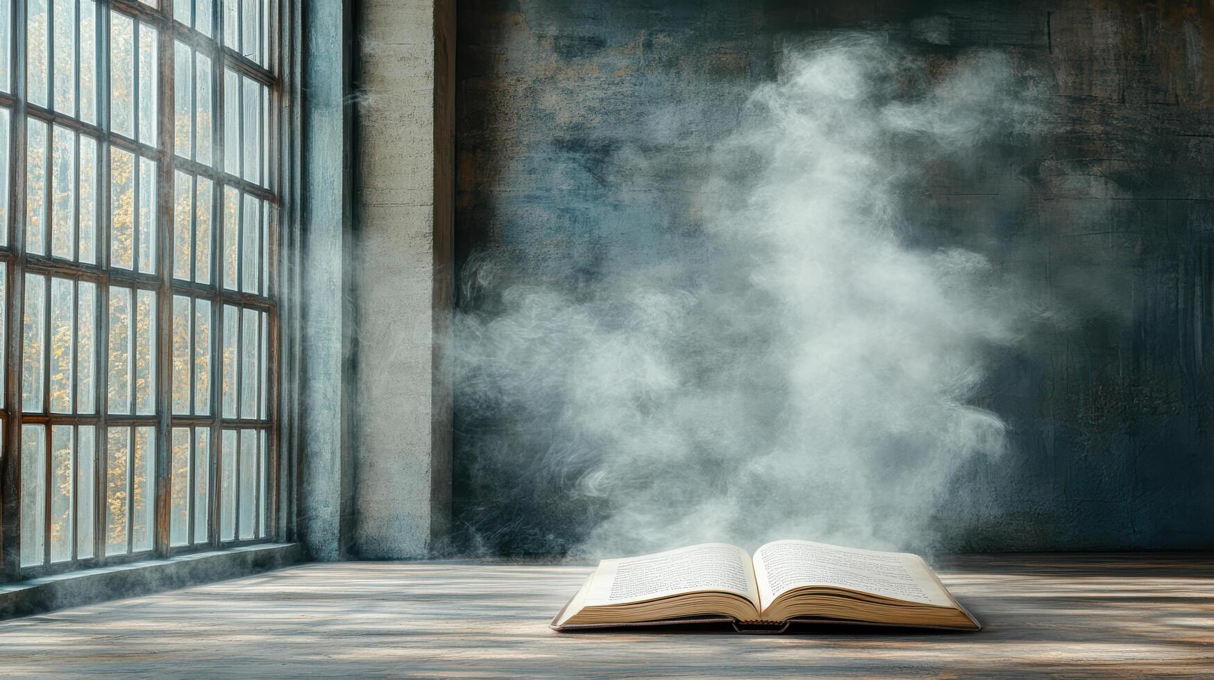 open book surrounded by mist in serene, sunlit room photo