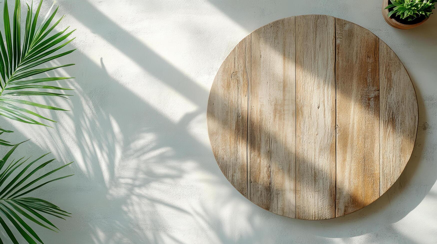round wooden table with shadows and plant in bright setting photo