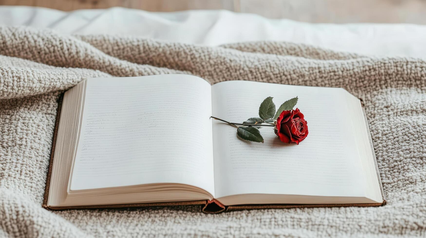 close up of open diary with red rose resting on its pages, evoking romance photo