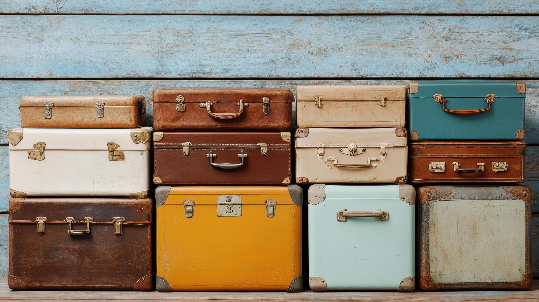 Vintage suitcases stacked against rustic wooden background, showcasing various colors and styles photo