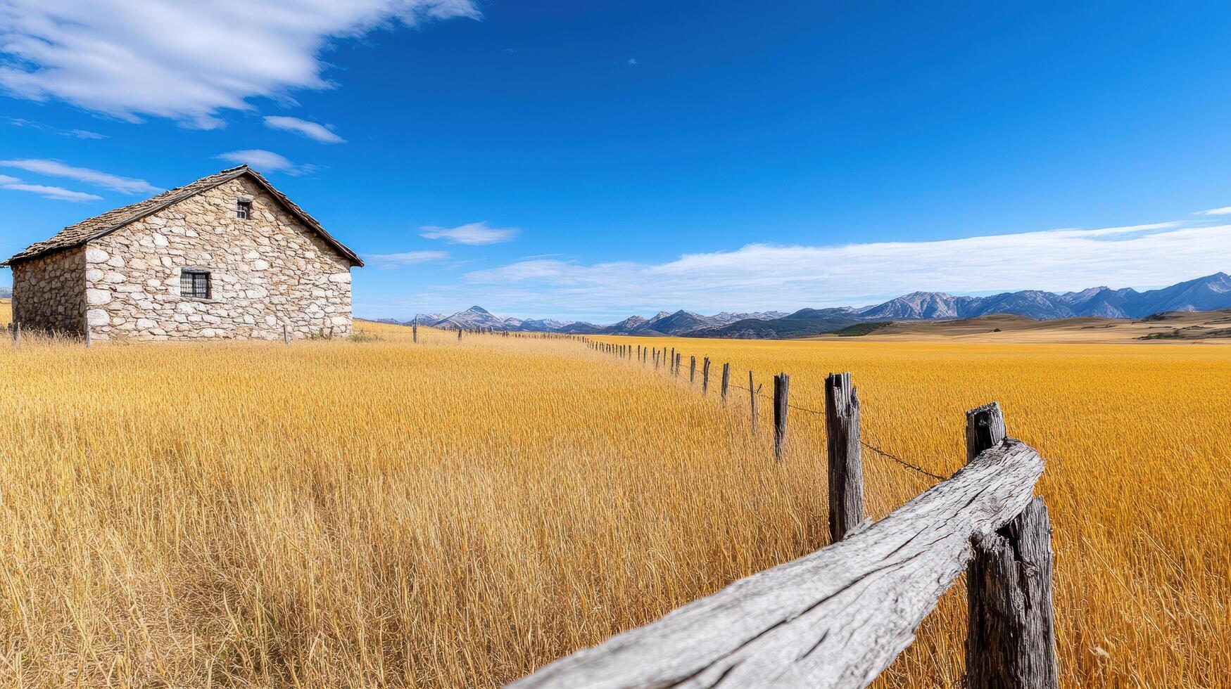 traditional farmhouse in golden field under blue sky photo