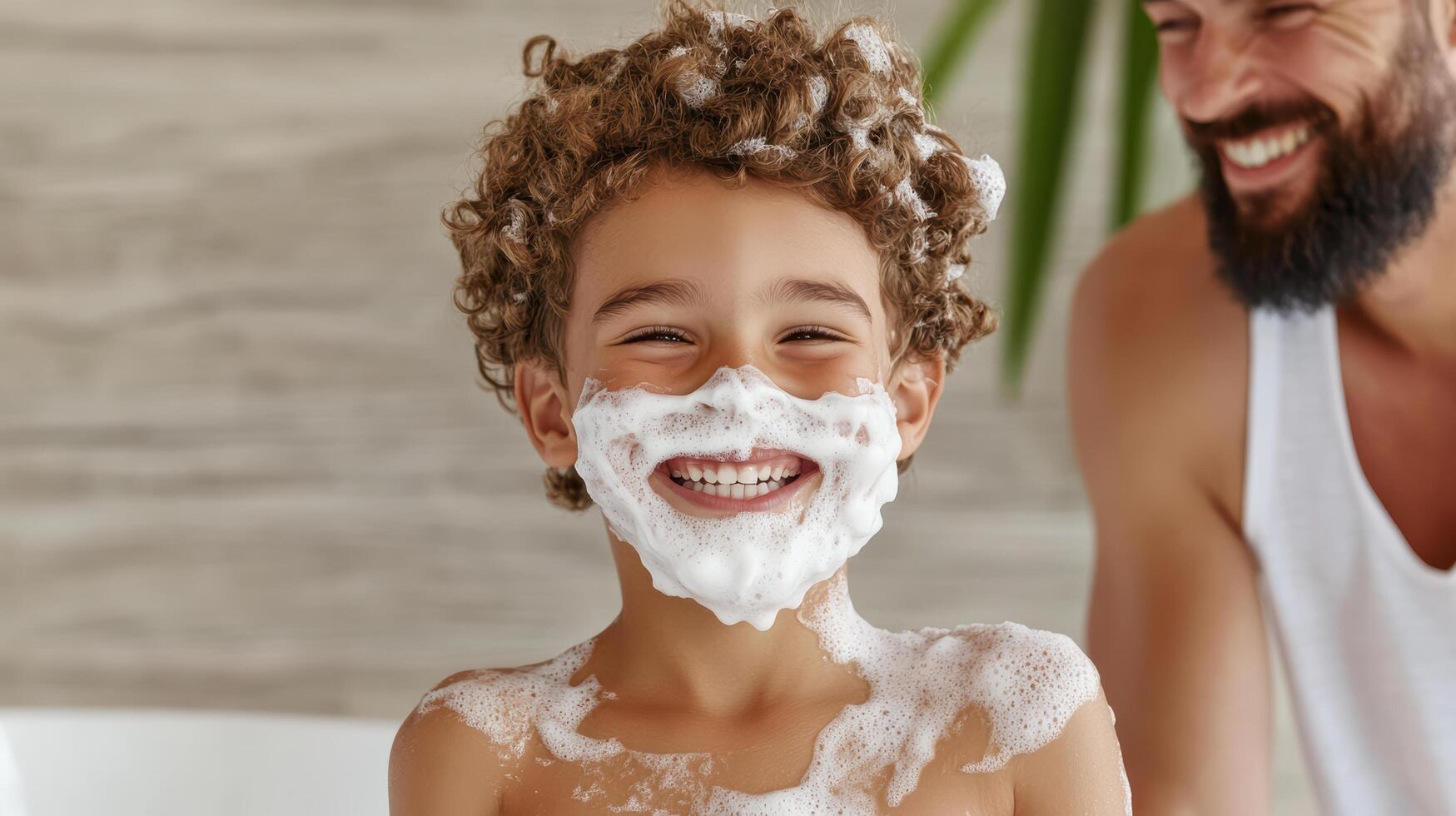 boy happily playing with shaving foam, enjoying fun moment with his father photo