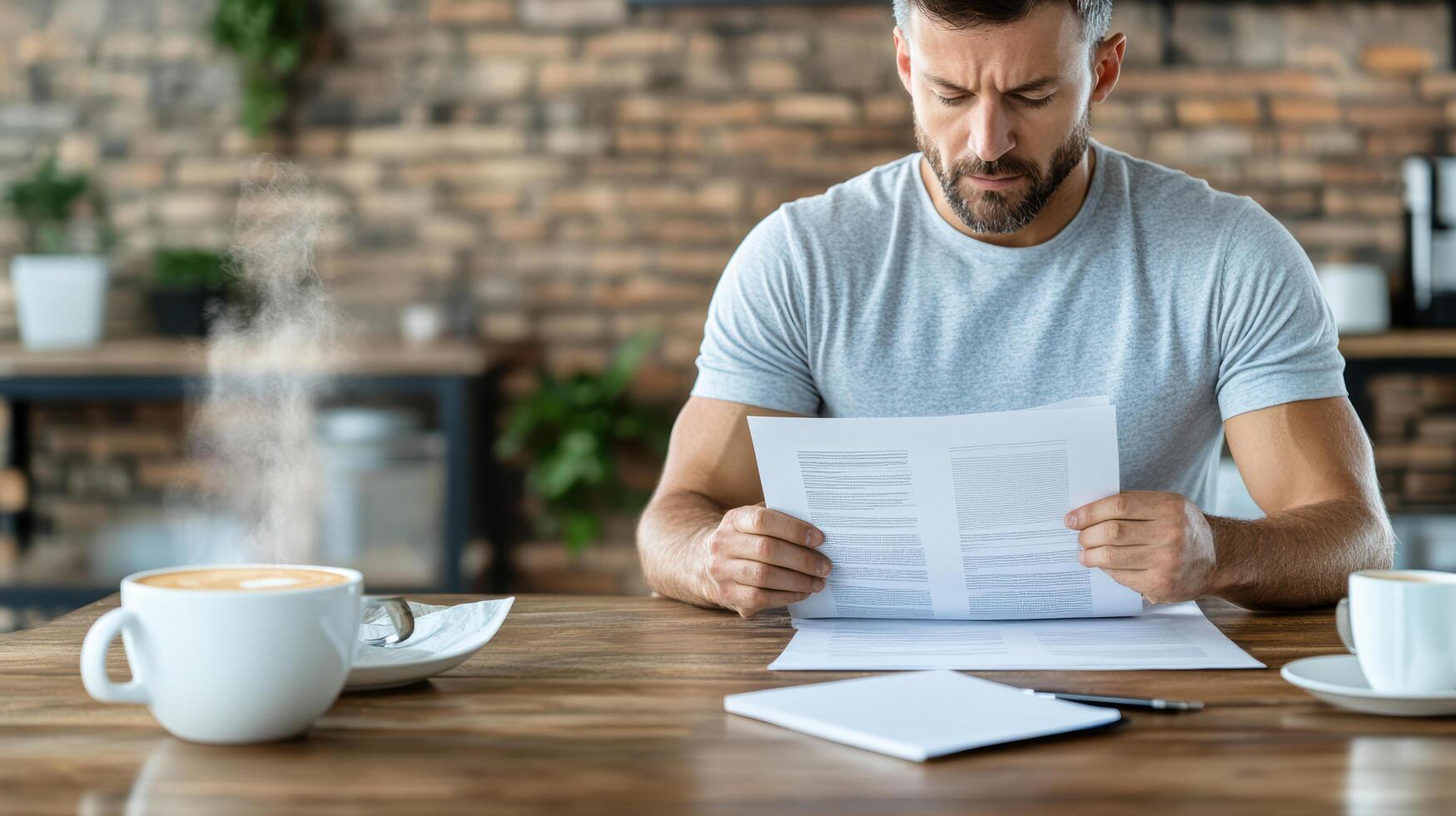 Focused man reading report while enjoying coffee in cozy cafe photo