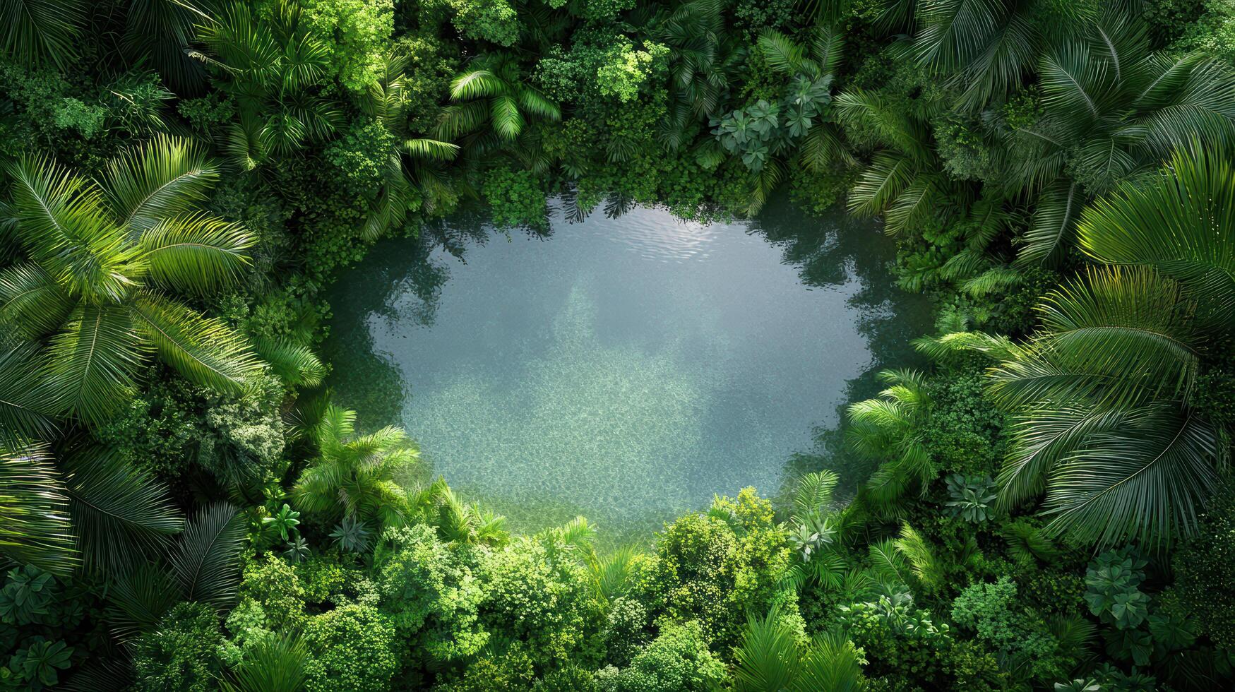 Lush green forest surrounding tranquil pond, showcasing nature beauty photo
