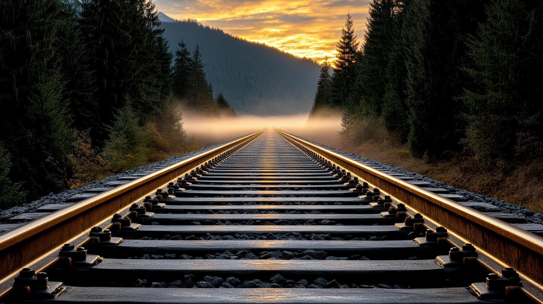 foggy sunrise over forgotten railway tracks, creating serene atmosphere photo