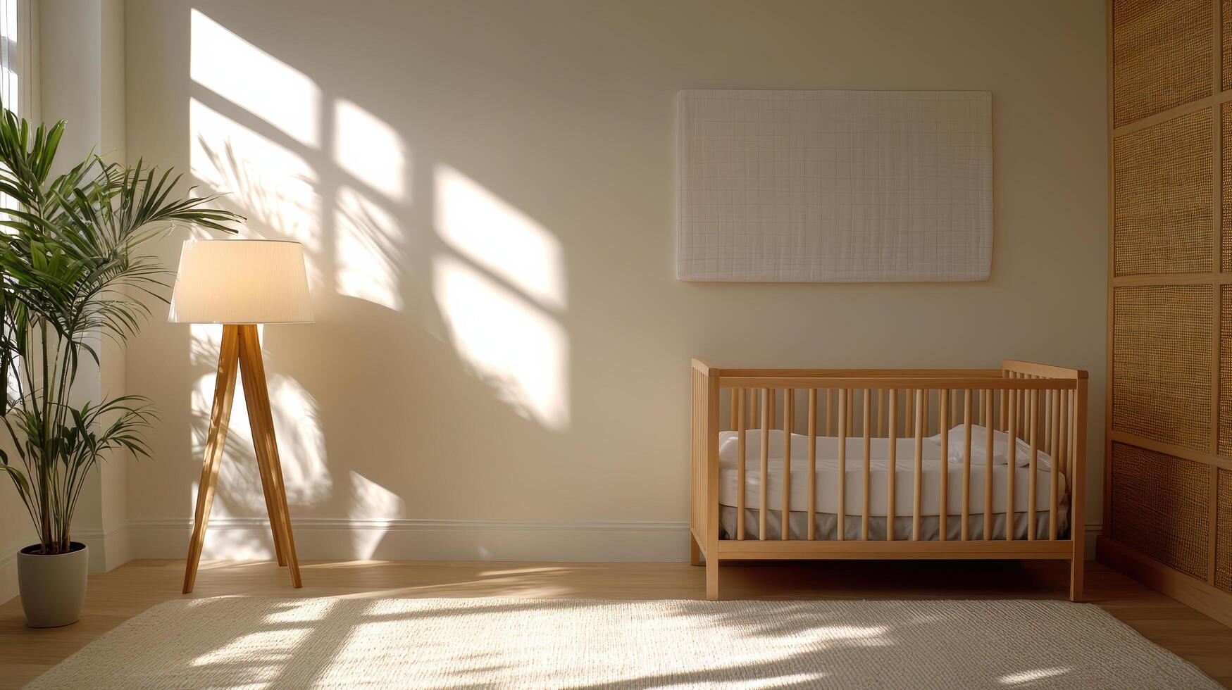 serene nursery with wooden crib, soft light, and cozy atmosphere photo