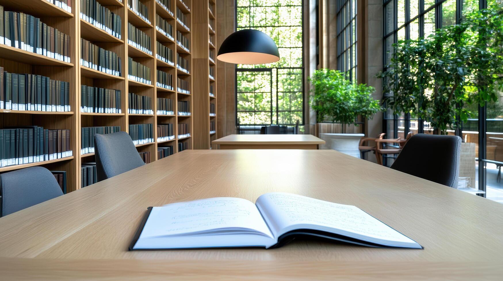 serene library setting with wooden table, open book, and large windows photo