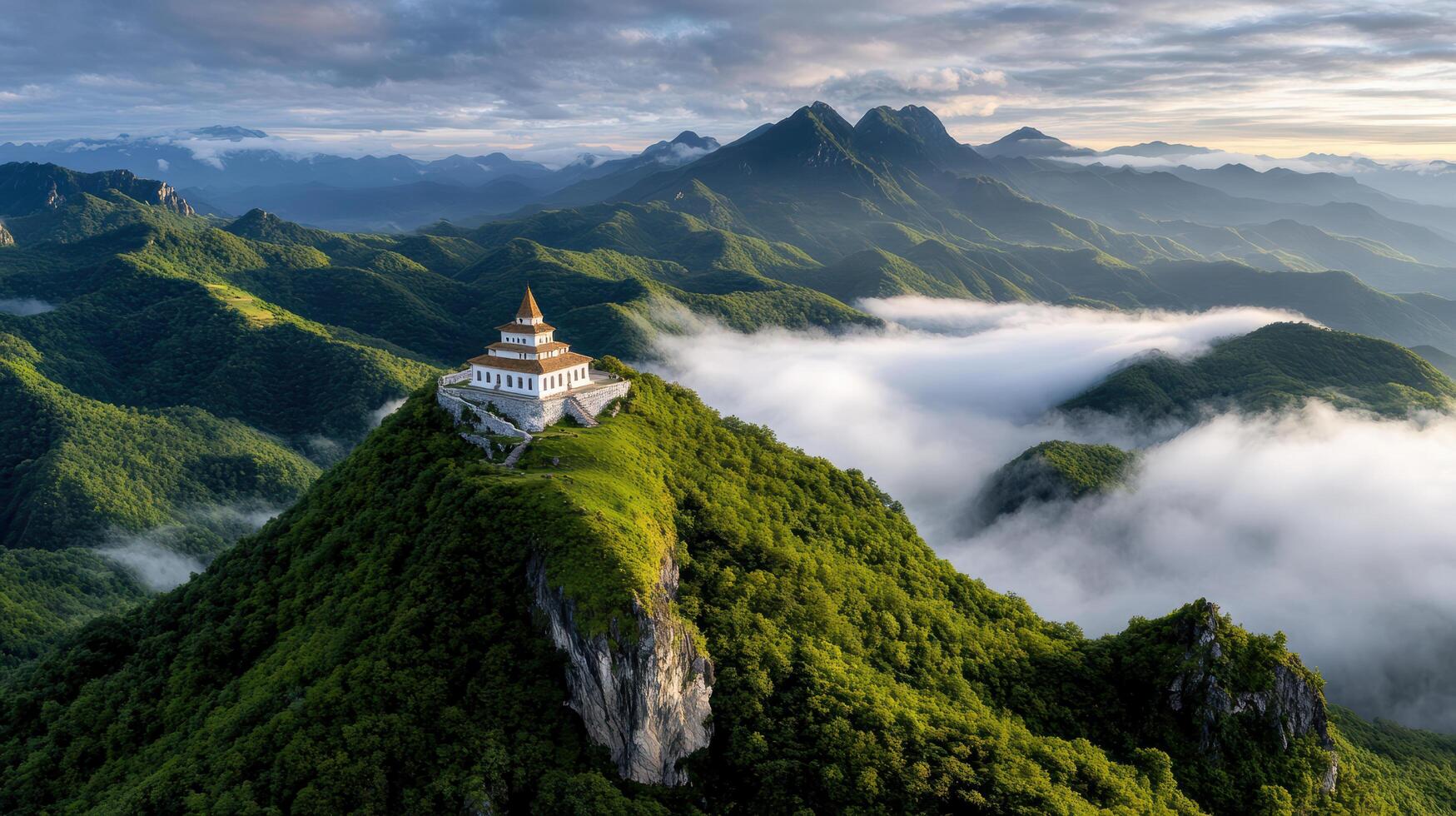 serene mountaintop monastery surrounded by lush green mountains and mist photo