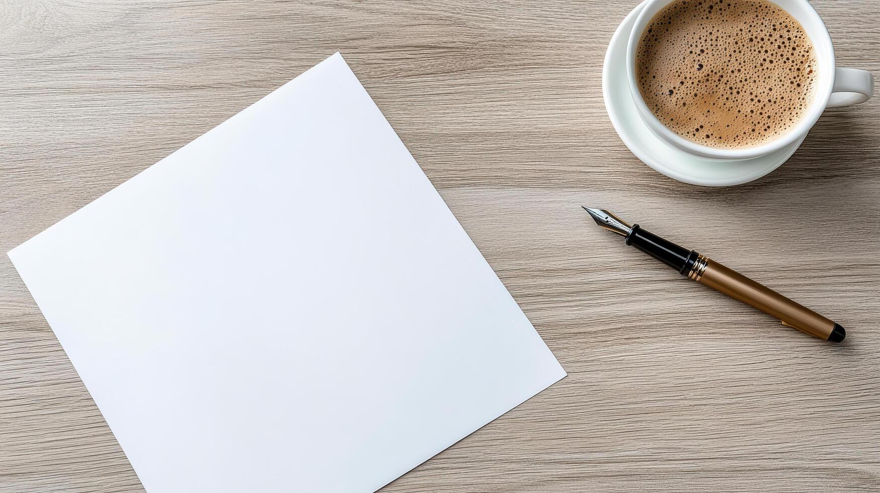 blank document on wooden table with cup of coffee and pen photo
