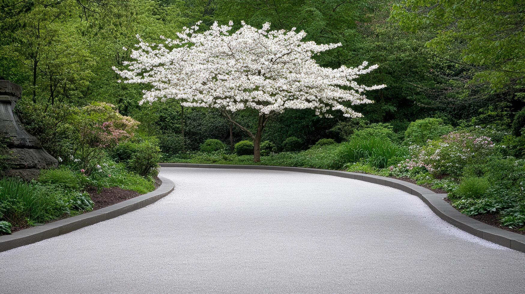 serene path lined with lush greenery and blooming white tree photo