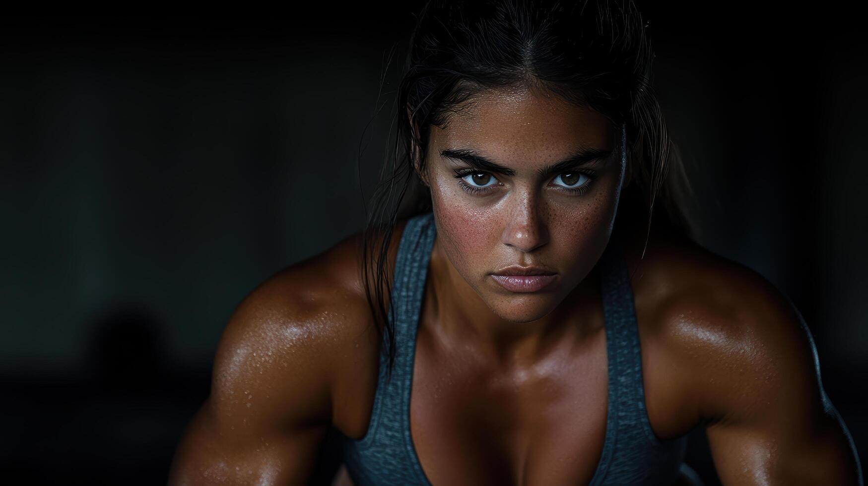 Focused woman in gym, showcasing her toned physique and determination photo