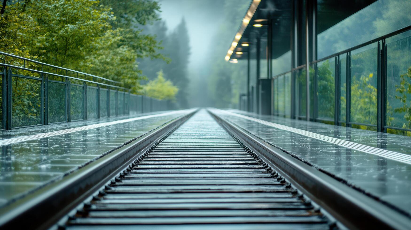 misty morning with railway tracks leading into distance, evoking tranquility photo