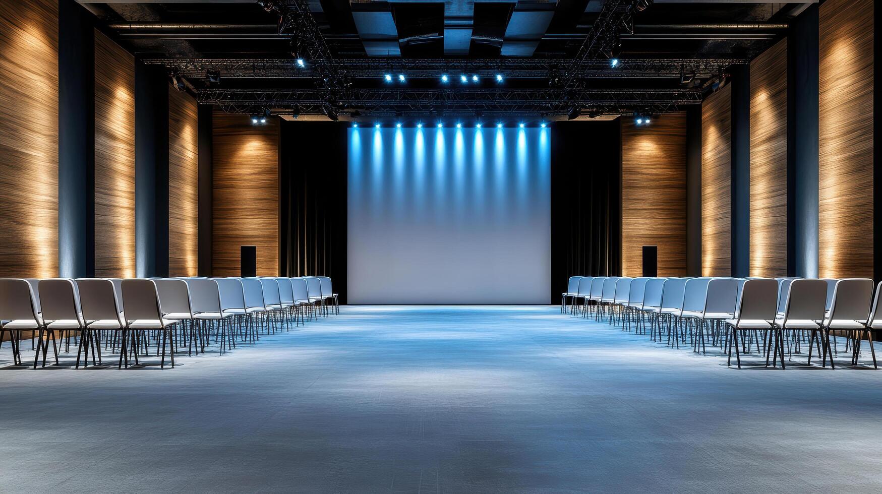 spacious seminar hall with blue LED lights and empty chairs arranged neatly photo