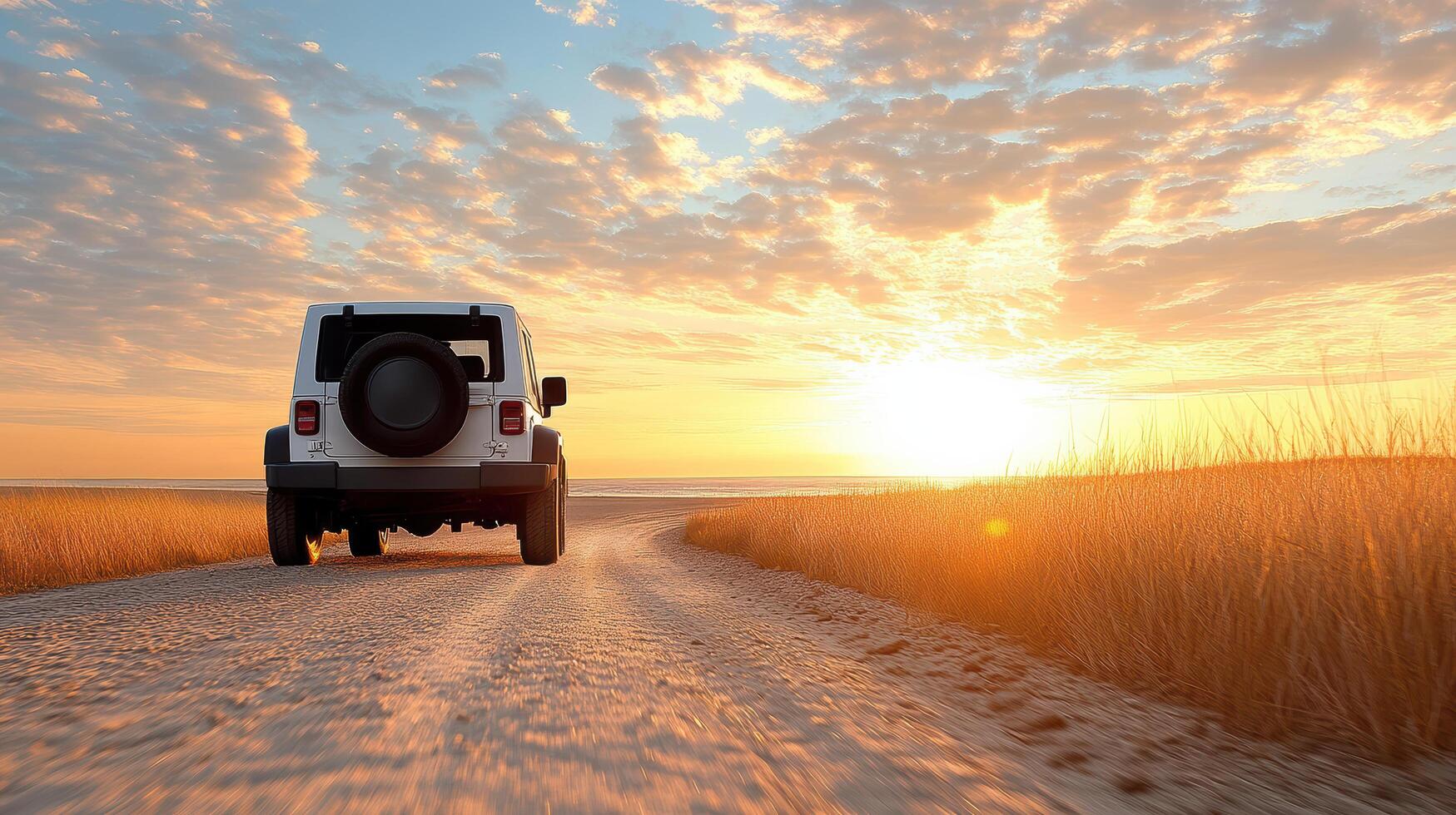 family car drives along sandy road at sunset, creating nostalgic atmosphere photo