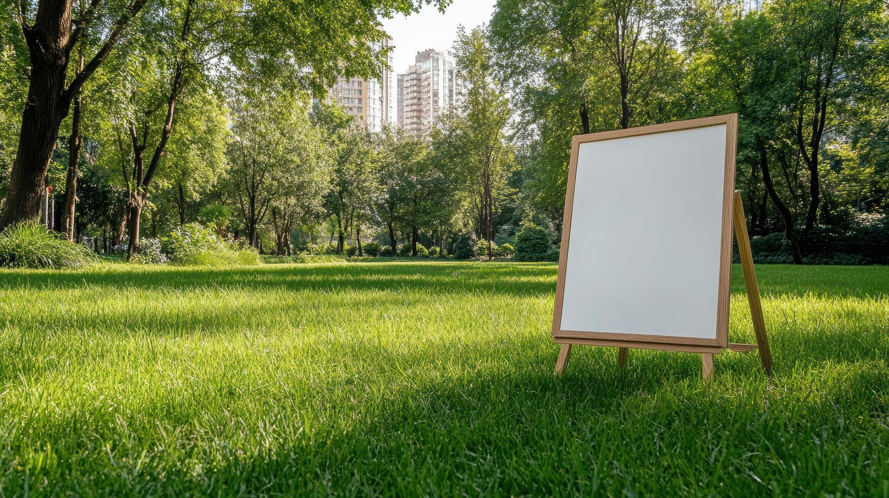 blank easel stands in lush green park, surrounded by trees and city buildings photo